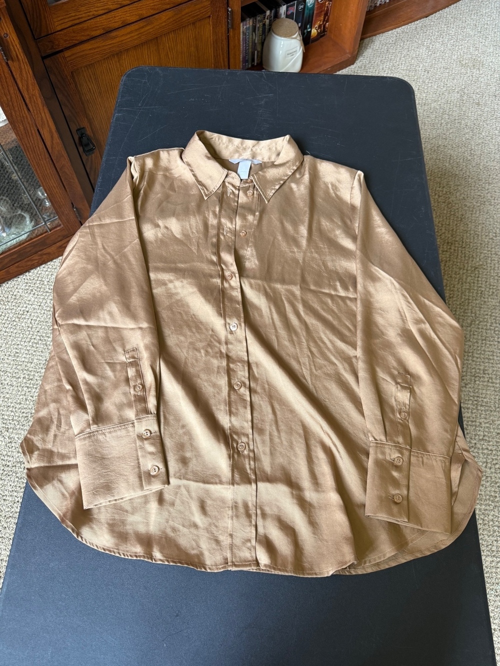 brown tan silky satin feel h&m button up long sleeve